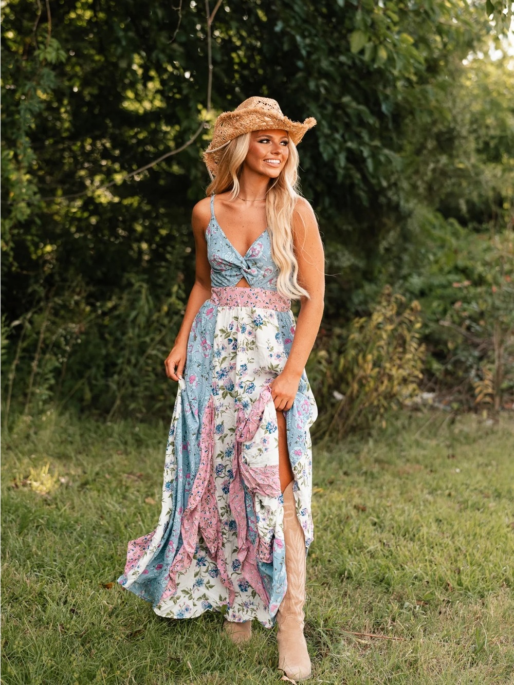 Angie Blue and Pink Floral Midi Dress